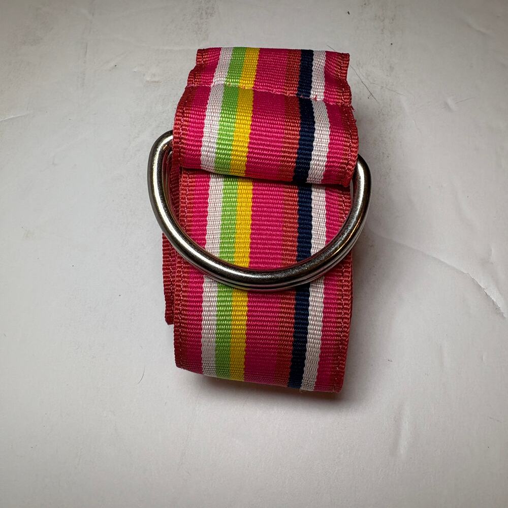 Orvis Pink White Yellow Green Striped Ribbon Belt D-Ring Double Preppy 32-26"